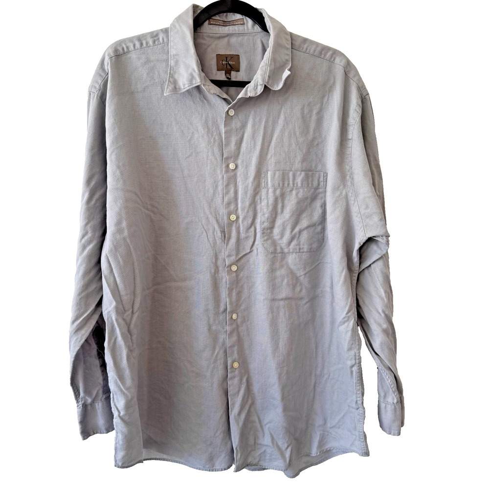 Calvin Klein Button Front Shirt Mens 17.5 34/35 Grey Cotton Long Sleeve Pocket